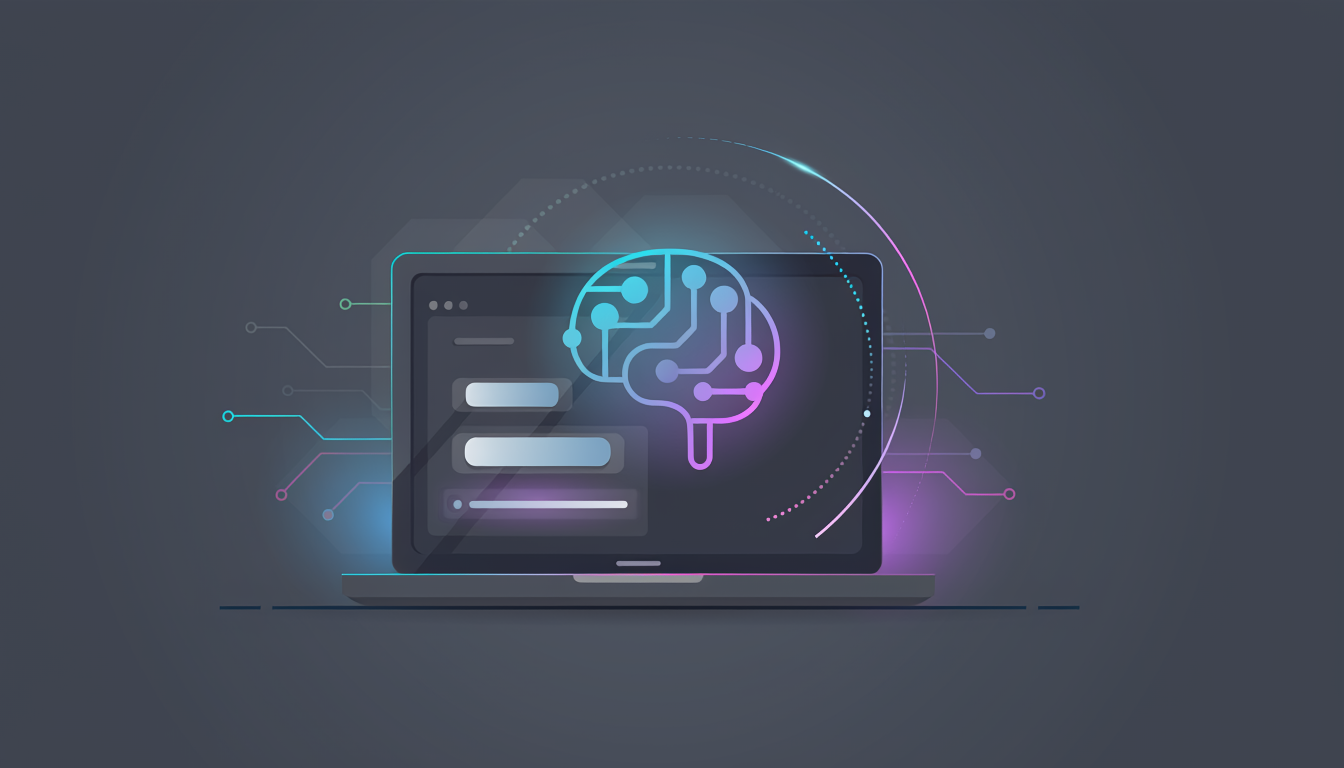 Illustration of a laptop displaying a stylized AI brain made of connected nodes and circuits, representing artificial intelligence and digital practice management technology.